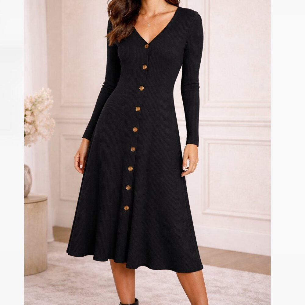 R. Vivimos Black Ribbed Button Front Dress Size Medium 8/10 Long Sleeve
